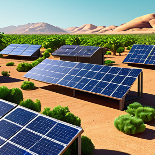 Home 4 **
A vibrant illustration showcasing solar panels integrated into a thriving green landscape. Trees and plants surround the panels, providing shade and cooling. In the background, a desert landscape is being transformed with vegetation. Focus on the harmony between technology and nature, emphasizing sustainability.
**