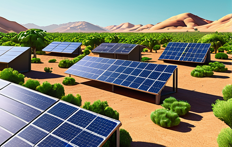 **
A vibrant illustration showcasing solar panels integrated into a thriving green landscape. Trees and plants surround the panels, providing shade and cooling. In the background, a desert landscape is being transformed with vegetation. Focus on the harmony between technology and nature, emphasizing sustainability.
**