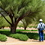 A team of professional environmental engineers in modest, practical work attire, overseeing a successful desert greening project. The scene features lush green trees and flourishing drought-resistant plants thriving in a vast, previously arid desert landscape. Innovative irrigation systems are visible, with a drone gracefully flying overhead monitoring the new growth. The atmosphere is hopeful and innovative, highlighting human ingenuity in ecological restoration. The image is a professional outdoor photograph, with perfect anatomy, correct proportions, and a natural pose. Well-formed hands, proper finger count, and natural body proportions are essential. safe for work, appropriate content, fully clothed, professional, family-friendly.
