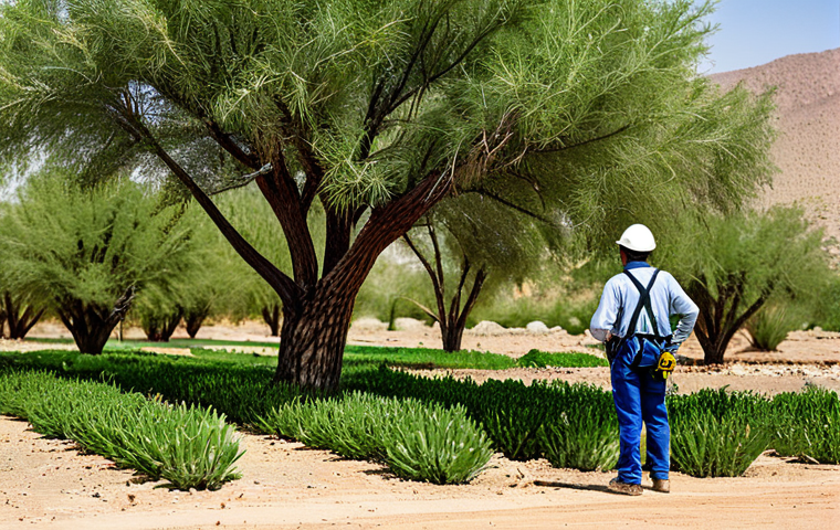 A team of professional environmental engineers in modest, practical work attire, overseeing a successful desert greening project. The scene features lush green trees and flourishing drought-resistant plants thriving in a vast, previously arid desert landscape. Innovative irrigation systems are visible, with a drone gracefully flying overhead monitoring the new growth. The atmosphere is hopeful and innovative, highlighting human ingenuity in ecological restoration. The image is a professional outdoor photograph, with perfect anatomy, correct proportions, and a natural pose. Well-formed hands, proper finger count, and natural body proportions are essential. safe for work, appropriate content, fully clothed, professional, family-friendly.