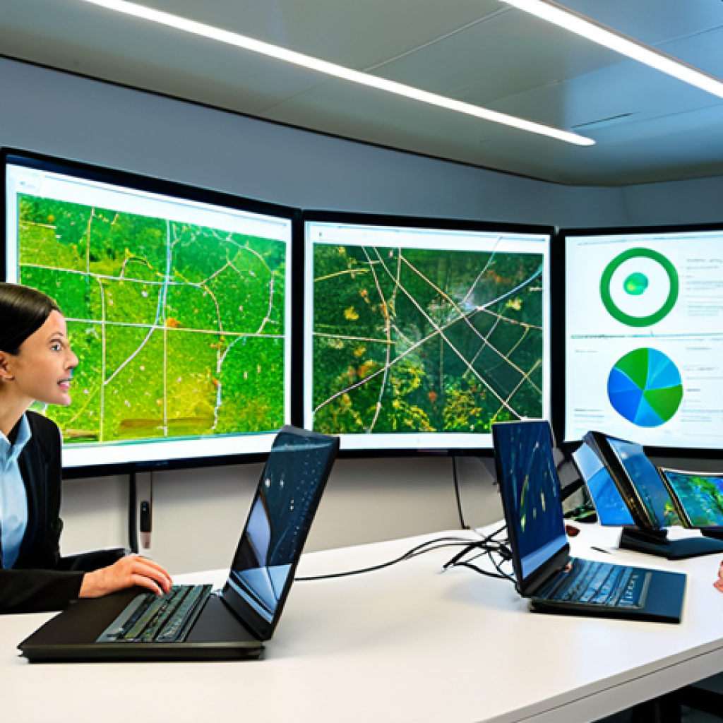 A diverse group of professional environmental scientists, fully clothed in modern, modest laboratory attire, observing large holographic displays showing complex environmental data such as real-time deforestation patterns or renewable energy grids. One scientist, in the foreground, is interacting with a touch-screen interface, depicting AI-driven sustainable agriculture solutions or drone reforestation maps. The setting is a futuristic, brightly lit sustainability research lab with large screens and integrated green elements like vertical gardens in the background. High-resolution, professional photography, natural lighting, perfect anatomy, correct proportions, well-formed hands, proper finger count, natural body proportions, natural pose, clean lines, detailed, safe for work, appropriate content, fully clothed, professional, family-friendly.