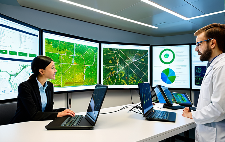 A diverse group of professional environmental scientists, fully clothed in modern, modest laboratory attire, observing large holographic displays showing complex environmental data such as real-time deforestation patterns or renewable energy grids. One scientist, in the foreground, is interacting with a touch-screen interface, depicting AI-driven sustainable agriculture solutions or drone reforestation maps. The setting is a futuristic, brightly lit sustainability research lab with large screens and integrated green elements like vertical gardens in the background. High-resolution, professional photography, natural lighting, perfect anatomy, correct proportions, well-formed hands, proper finger count, natural body proportions, natural pose, clean lines, detailed, safe for work, appropriate content, fully clothed, professional, family-friendly.