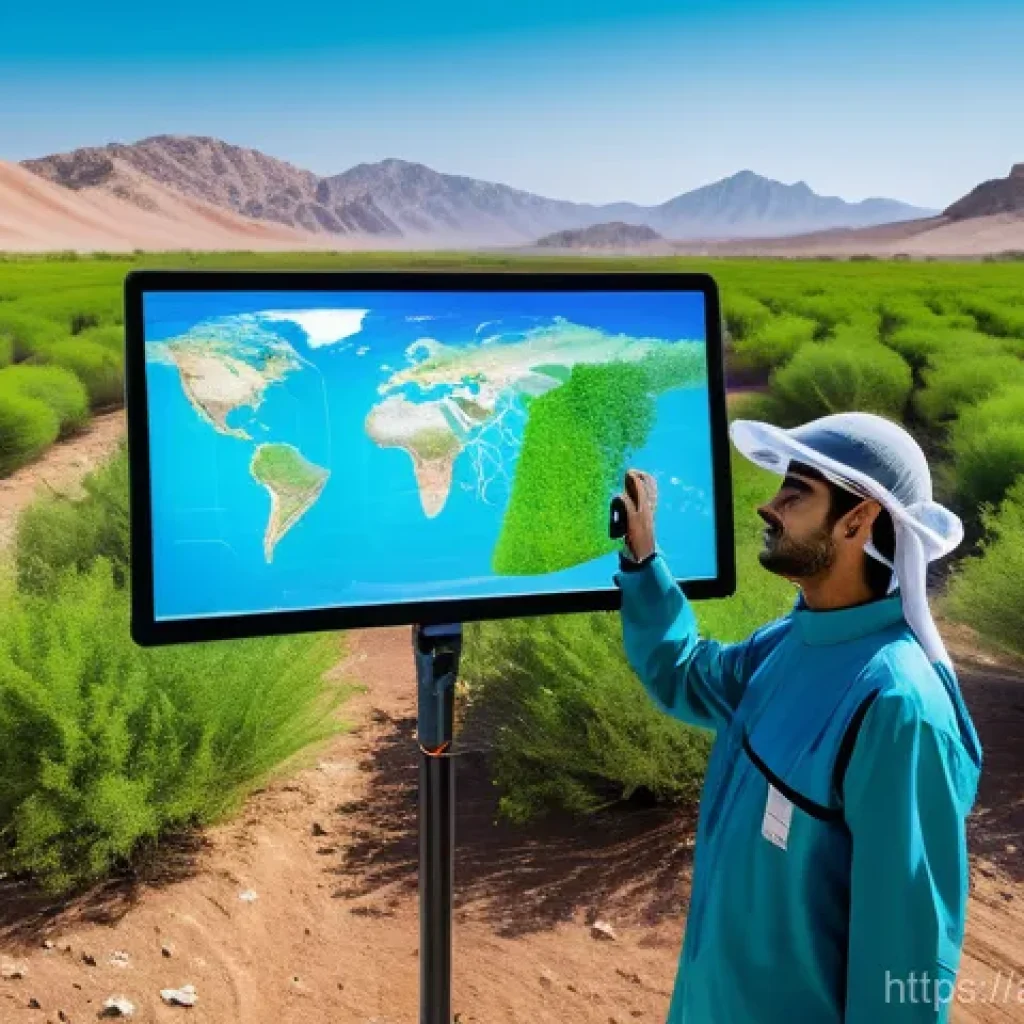 생태계 복원 기술과 해양 보호 - **Revitalized Arabian Desert with Eco-Tech:** A panoramic, hopeful scene showcasing an arid Arabian ...