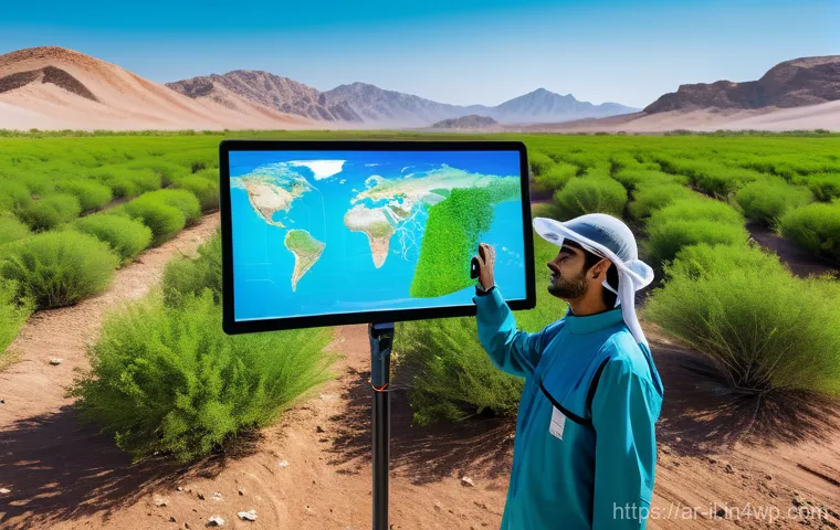 생태계 복원 기술과 해양 보호 - **Revitalized Arabian Desert with Eco-Tech:** A panoramic, hopeful scene showcasing an arid Arabian ...