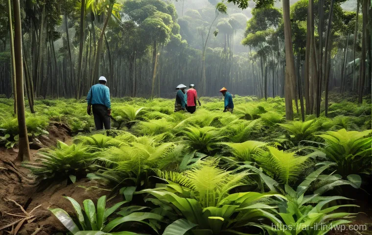 생태계 복원 기술과 지속 가능한 에너지 - **"Hope Blooms in the Revived Forest"**: A vibrant, lush rainforest scene, bathed in warm, filtered ...