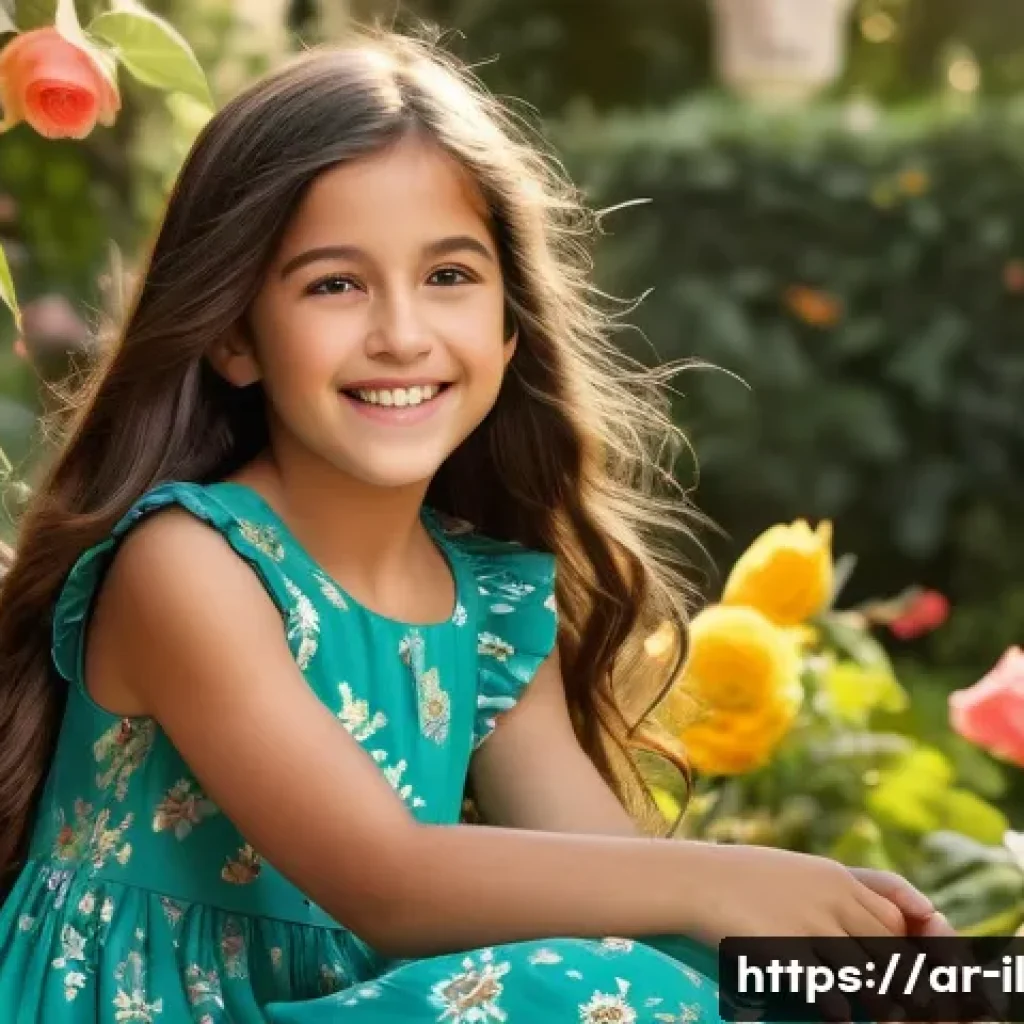 생태계 복원 기술의 목표 설정 - **A young girl (8 years old) with long, flowing dark hair, wearing a brightly colored, modest sundre...