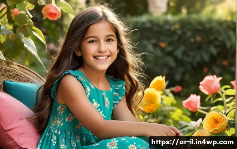 생태계 복원 기술의 목표 설정 - **A young girl (8 years old) with long, flowing dark hair, wearing a brightly colored, modest sundre...