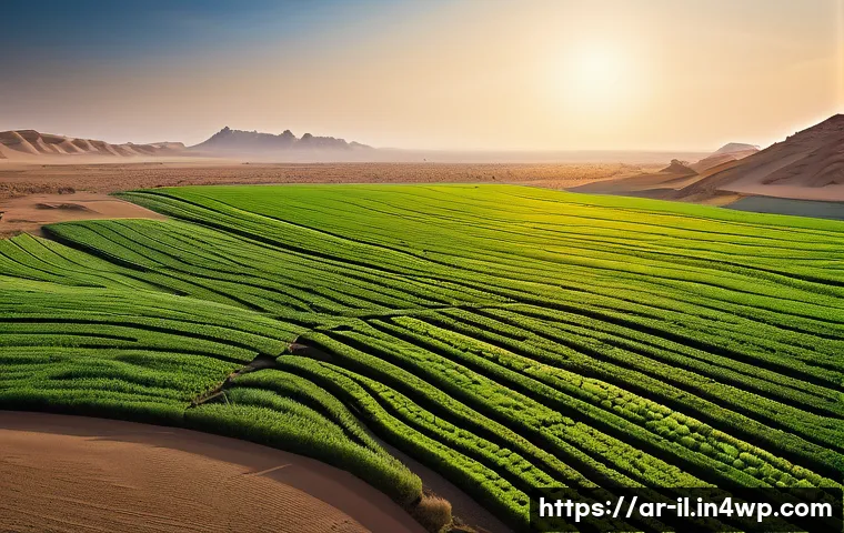 생태계 복원 기술과 지속 가능한 관광 - **Prompt 1: "The Green Transformation of Arid Lands by Advanced Robotics"**
A wide-angle, vibran...