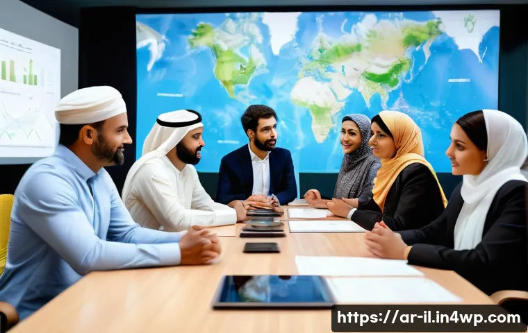 생태계 복원 기술의 글로벌 파트너십 - A diverse group of environmental experts from Middle Eastern and African countries collaborating aro...