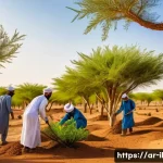 Home 20 생태계 복원 기술의 기후 변화 적응 - A vibrant desert reforestation scene in the Arabian Peninsula featuring local native trees being pla...