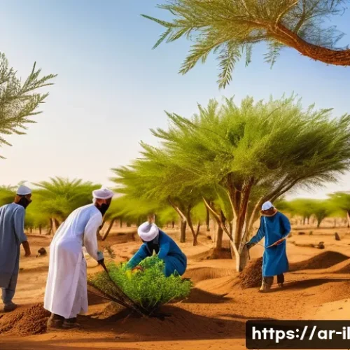 Home 32 생태계 복원 기술의 기후 변화 적응 - A vibrant desert reforestation scene in the Arabian Peninsula featuring local native trees being pla...