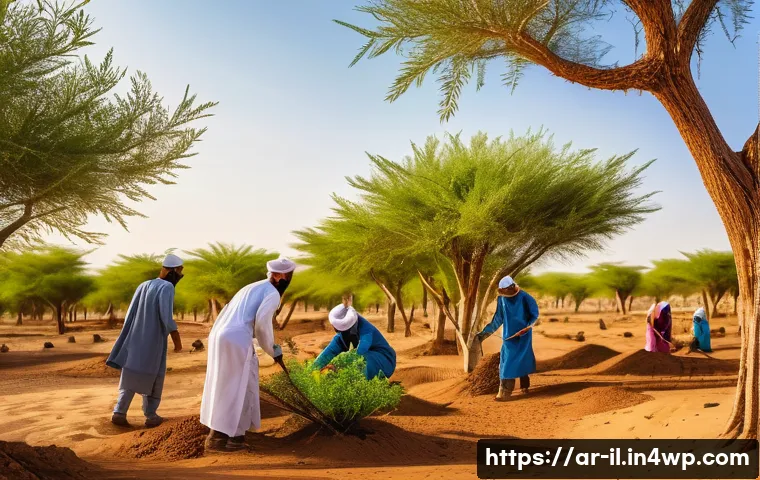 생태계 복원 기술의 기후 변화 적응 - A vibrant desert reforestation scene in the Arabian Peninsula featuring local native trees being pla...