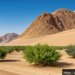 Home 19 생태계 복원 기술과 생태계 회복력 - A vibrant desert landscape undergoing ecological restoration, featuring a variety of native drought-...