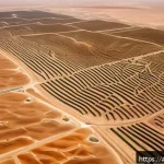 Home 18 생태계 복원 기술과 국제적인 협력 필요성 - A high-resolution satellite view of a vast desert landscape undergoing environmental restoration in ...
