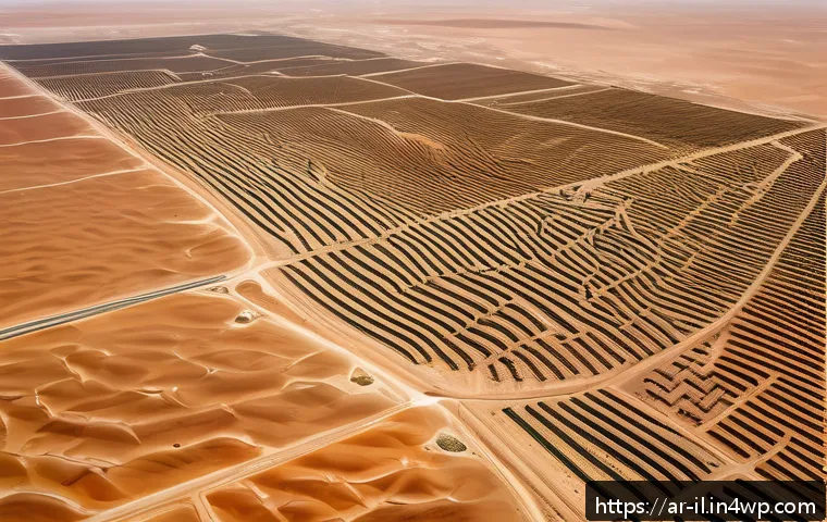 생태계 복원 기술과 국제적인 협력 필요성 - A high-resolution satellite view of a vast desert landscape undergoing environmental restoration in ...
