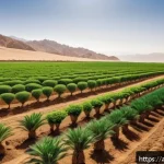 Home 23 생태계 복원 기술과 물 관리 - A vibrant agricultural landscape in an arid Middle Eastern region showcasing conservation agricultur...