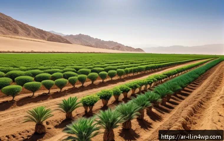 생태계 복원 기술과 물 관리 - A vibrant agricultural landscape in an arid Middle Eastern region showcasing conservation agricultur...